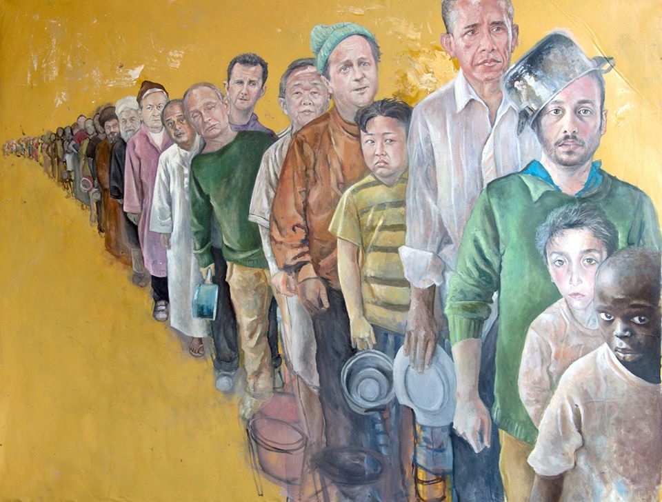 Abdalla Al Omari depicts Trump and other leaders as refugees
